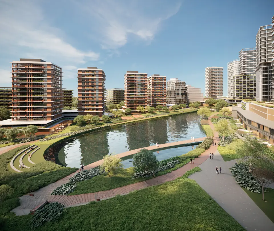 Perspectiva dos lagos e do parque linear do Barra Norte, com arquibancada gramada e edifícios ao fundo