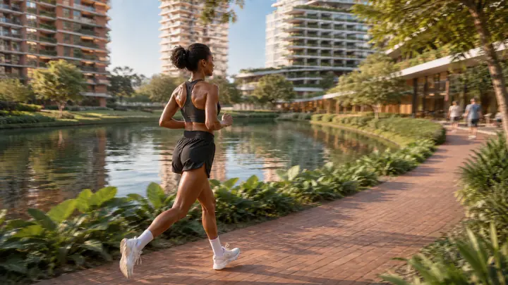 Imagem conceitual: mulher correndo em um caminho ao lado de um lago, com edifícios ao fundo