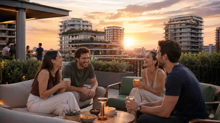 Imagem conceitual: amigos conversando em um terraço ao pôr do sol, com edifícios ao fundo